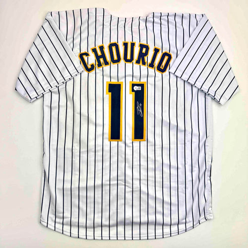 Autographed/Signed Jackson Chourio Milwaukee Pinstripe Baseball Jersey Beckett BAS COA