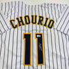 Autographed/Signed Jackson Chourio Milwaukee Pinstripe Baseball Jersey Beckett BAS COA