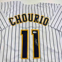 Autographed/Signed Jackson Chourio Milwaukee Pinstripe Baseball Jersey Beckett BAS COA
