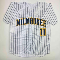 Autographed/Signed Jackson Chourio Milwaukee Pinstripe Baseball Jersey Beckett BAS COA
