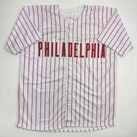 Autographed/Signed Bobby Abreu Philadelphia Pinstripe Baseball Jersey Beckett BAS COA