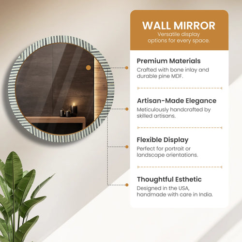 Wall Mirror Round Chevron Art Inspired  Bone Inlay Wall Hanging Mirror Frame,  24" Dia