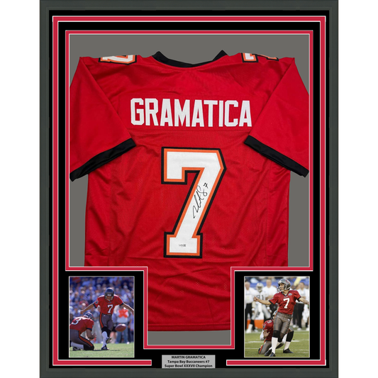 Framed Autographed/Signed Martin Gramatica 35x39 Tampa Bay Red Football Jersey JSA COA