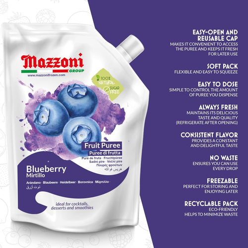 Mazzoni Blueberry Fruit Puree, 100% Fruit, No Sugar Added 1 kg (2.2 lb)