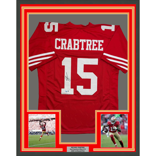Framed Autographed/Signed Michael Crabtree 35x39 San Francisco Red Football Jersey Beckett BAS COA