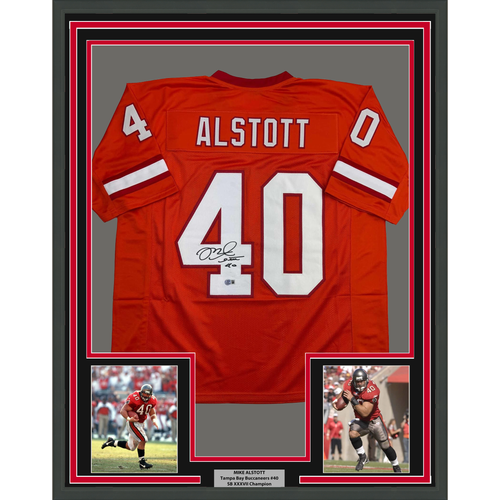 Framed Autographed/Signed Mike Alstott 35x39 Tampa Bay Orange Creamsicle Football Jersey Beckett BAS COA