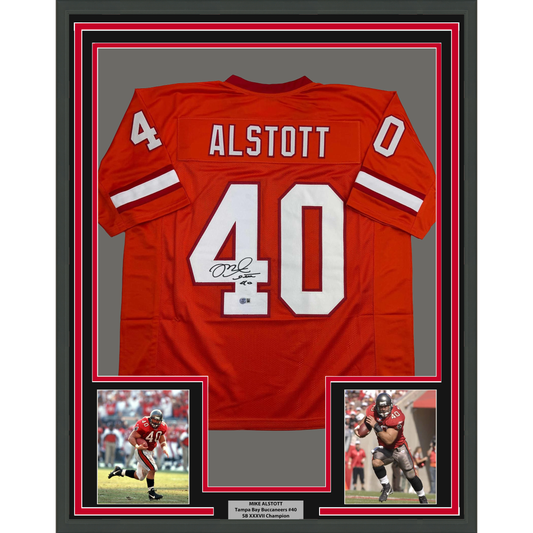 Framed Autographed/Signed Mike Alstott 35x39 Tampa Bay Orange Creamsicle Football Jersey Beckett BAS COA