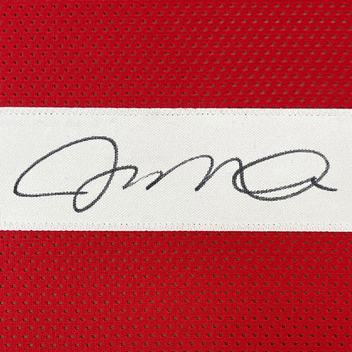 Framed Autographed/Signed Joe Montana 35x39 San Francisco Red Football Jersey JSA COA