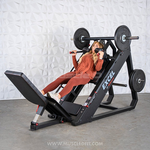 Excel Linear Hack/Leg Press - Muscle D Fitness - Plate Load Hack Squat Combo - Weight Storage Pegs - Adjustable Foot Plate / Back Pad