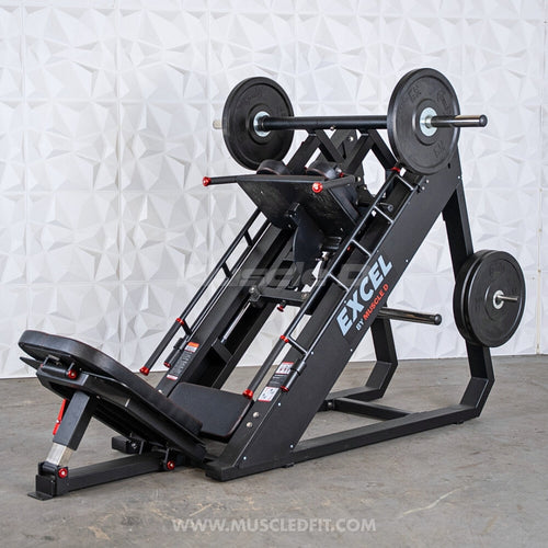 Excel Linear Hack/Leg Press - Muscle D Fitness - Plate Load Hack Squat Combo - Weight Storage Pegs - Adjustable Foot Plate / Back Pad