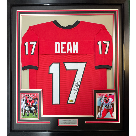 Framed Autographed/Signed Nakobe Dean 35x39 Georgia Red College Football Jersey JSA COA
