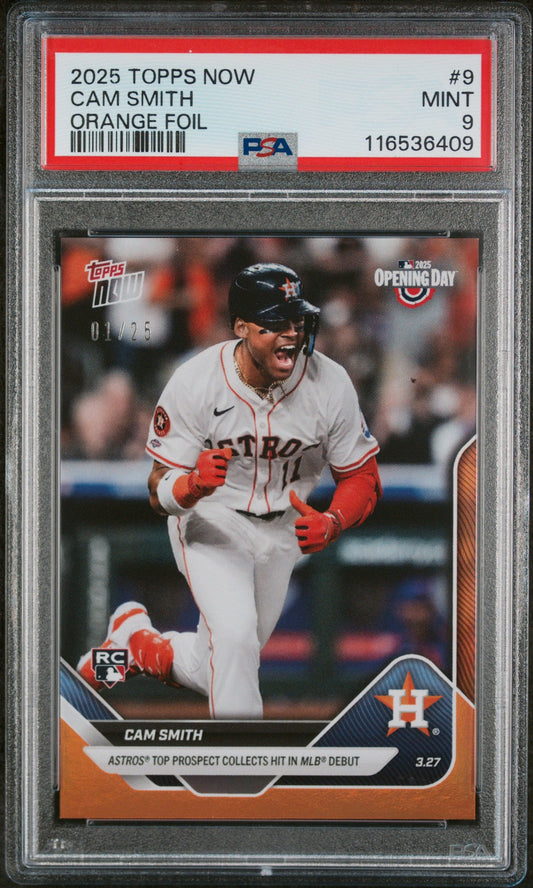 Graded 2025 Topps Now Cam Smith #9 Orange Foil /25 Rookie RC Baseball Card PSA 9 Mint