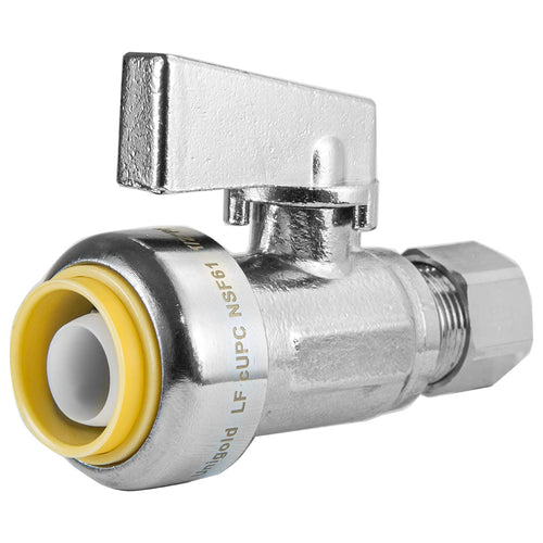 1/2" Push Connect x 3/8" OD Compr. Unigold Push Fit Straight Stop Valve, 1/4 Turn (Lead Free)