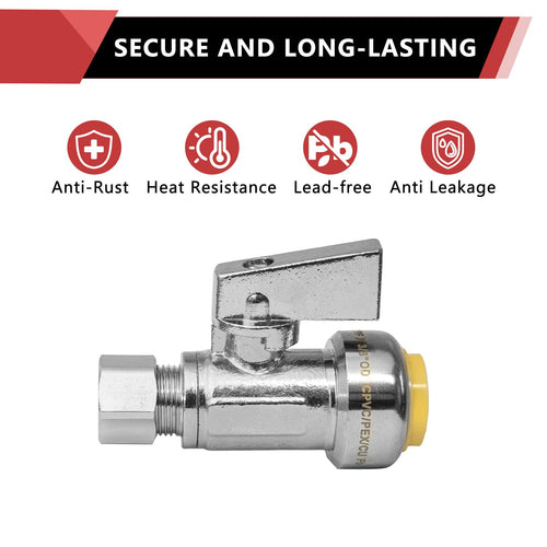1/2" Push Connect x 3/8" OD Compr. Unigold Push Fit Straight Stop Valve, 1/4 Turn (Lead Free)
