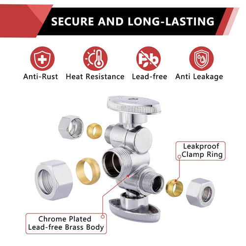1/2" PEX Crimp x 3/8" OD Compr. x 3/8" OD Compr. Dual Stop Valve, 1/4 Turn (Lead Free)