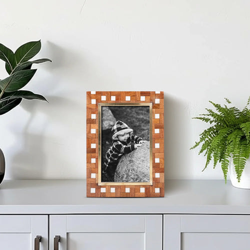 Picture Frame Halo Parquet Collection Brass, Resin & Wood Inlay Brown & White – 4x6 & 5x7"