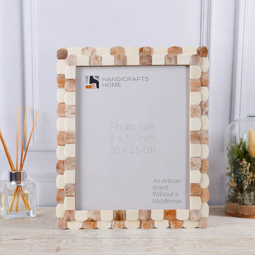 Picture Frame Scalloped Art Collection Bone Inlay Brown White 3 Sizes