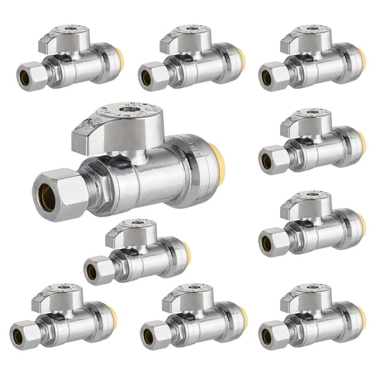 10 Pcs 1/2" Push Connect x 3/8" Compr. Straight Stop Valve, New Handle, 1/4 Turn (Lead Free) Plumbingsell