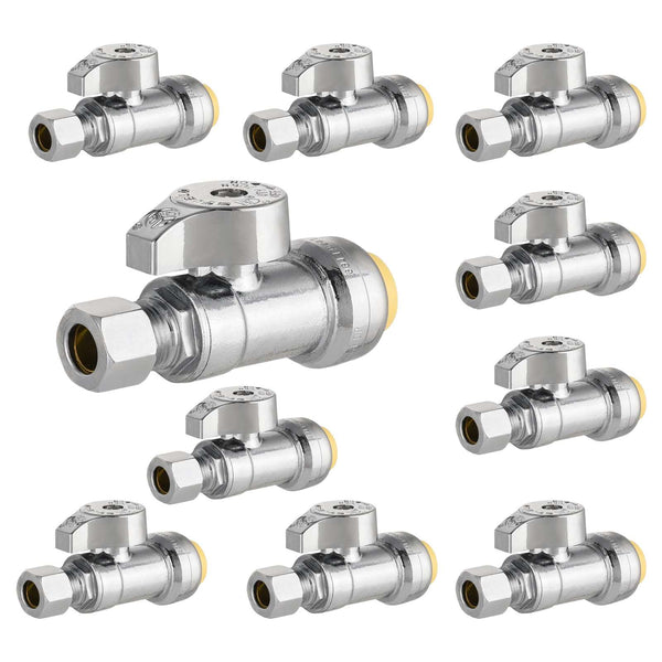 10 Pcs 1/2" Push Connect x 3/8" Compr. Straight Stop Valve, New Handle, 1/4 Turn (Lead Free) Plumbingsell
