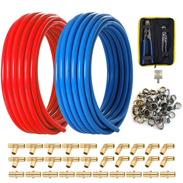 1/2" 2 x100ft, 200ft PEX-B Tubing (Blue & Red), 1/2" Barb Crimp Brass Fittings (30 PCS), Crimper Tool, Cinch Clamps (100PCS), Pipe Cutter Plumbingsell