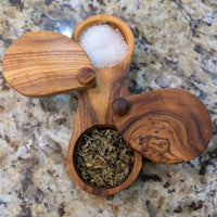 Hand-Carved Mediterranean Olive Wood Spice Box Dual-Cell with Swivel Lids