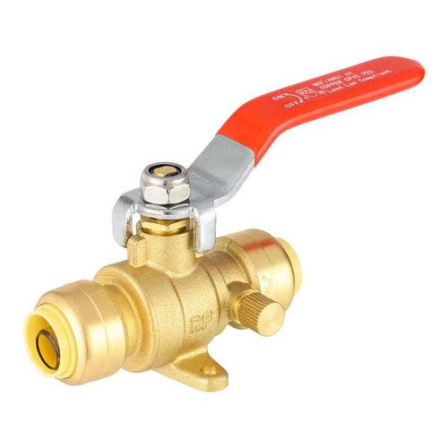 1/2" Push Fit Ball Valve With Drain Drop Ear, Red Lever (Lead Free)