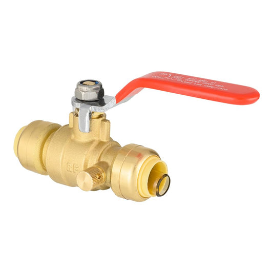1/2" Push Fit Ball Valve With Drain, Red Lever (Lead Free)