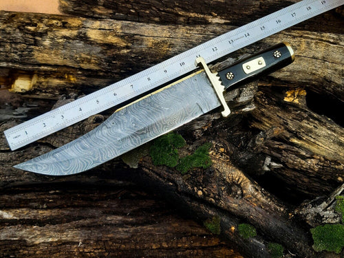 13-Inch Damascus Steel Cowboy Bowie Knife with Buffalo Horn Handle & Leather Sheath – Perfect Gift for Knife Enthusiasts
