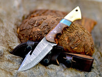 Premium Damascus Guthook Skinning Knife – Rosewood & Bone Handle – 10” Hunting Essential