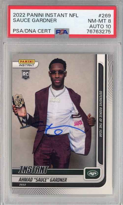 Graded 2022 Panini Instant Ahmad Sauce Gardner #269 Rookie RC Football Card PSA 8 Auto 10