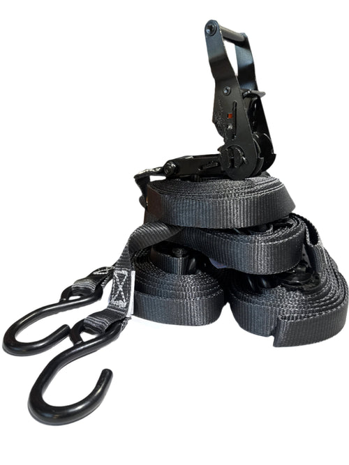 1" Black Ratchet Strap w/Vinyl S Hook LENGTH OPTIONS | FOUR PACK RatchetStrap.Com
