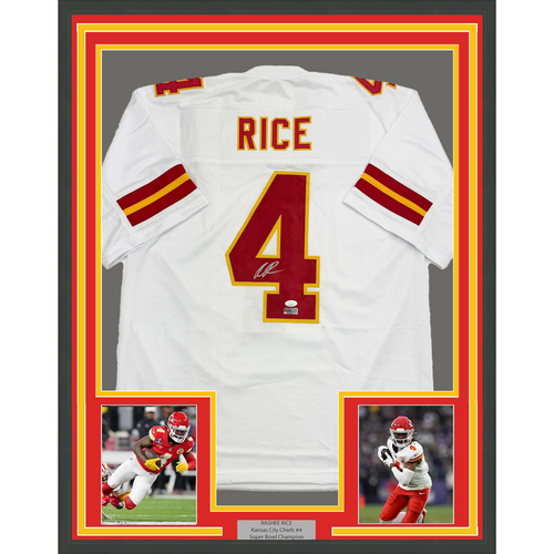 Framed Autographed/Signed Rashee Rice 35x39 Kansas City White Football Jersey JSA COA