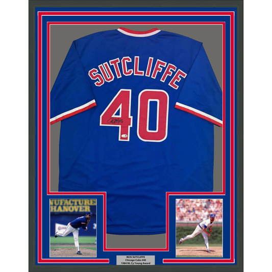 Framed Autographed/Signed Rick Sutcliffe 35x39 Chicago Blue Baseball Jersey Beckett BAS COA