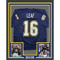 Framed Autographed/Signed Ryan Leaf 35x39 San Diego Dark Blue Football Jersey Beckett BAS COA