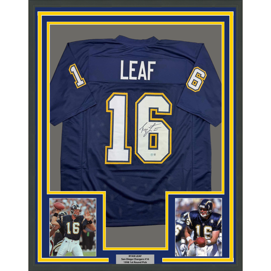 Framed Autographed/Signed Ryan Leaf 35x39 San Diego Dark Blue Football Jersey Beckett BAS COA