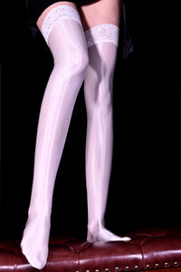 80D Lace Trim Oil Shiny Thigh-High Stockings Glossy Shaping Lingerie Stockings