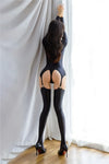 Oil Glossy Hollow-Out Elastic Open Crotch Bodysuit & Garter Stockings Set