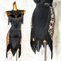 Black Open-Back Leotard & Leopard Print Fringe Skirt Latin Dance Costume Set