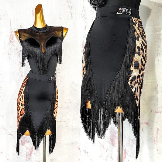 Black Open-Back Leotard & Leopard Print Fringe Skirt Latin Dance Costume Set