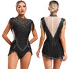 Rhinestone Mock Neck Mesh Tassel Leotard
