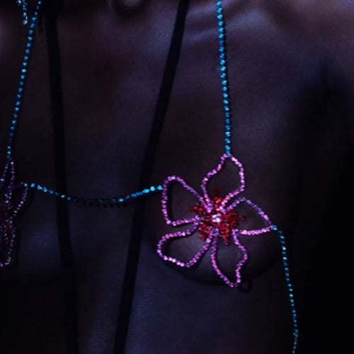 Bohemian Flower Crystal Chest Chain Bra – Luxury Rhinestone Body Harness & Exotic Lingerie for Music Festivals, Raves & Clubwear