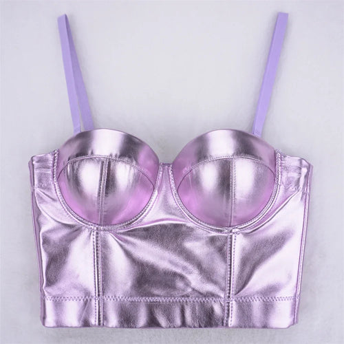 Purple Metallic PU Leather Bustier Corset Crop Top High Street Bralette
