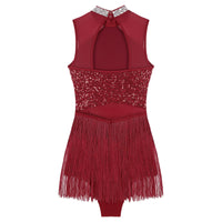 Sparkly Sequin & Fringe Dance Dress with Gloves Latin Stage Performance Costume