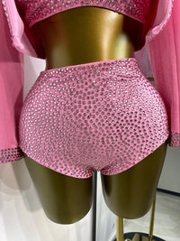 Rhinestone Bustier, High-Waist Mini Shorts & Cropped Jacket 3-Piece Performance Costume Set