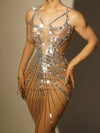 Sparkly Rhinestone & Sequin Sheer Illusion Long Dress Performance Costume