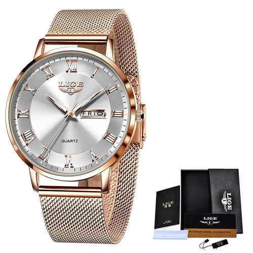 Women's Rose Gold Mesh Watch Silver Dial Slim Waterproof