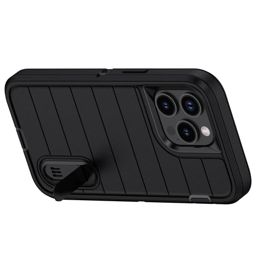For iPhone 14/iPhone 14 Plus/iPhone 14 Pro/iPhone 14 Pro Max 5G 3-Layers Heavy Duty Protective Kickstand Phone Cover Black Case