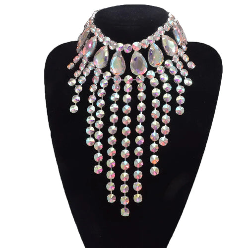 Rhinestone Glass Crystal & AB Drop Tassel Choker Necklace