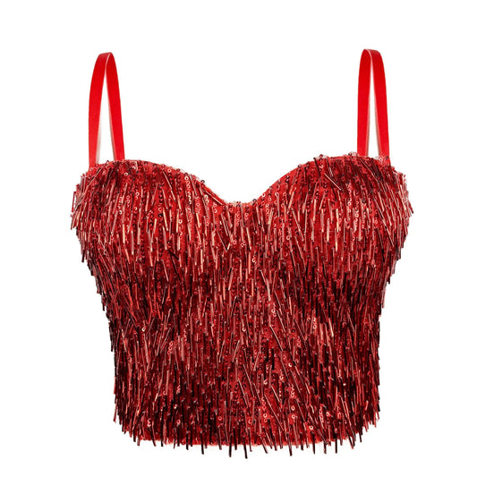 Sequined Beaded Tassel Bustier Corset Crop Top & Stage Performance Cami