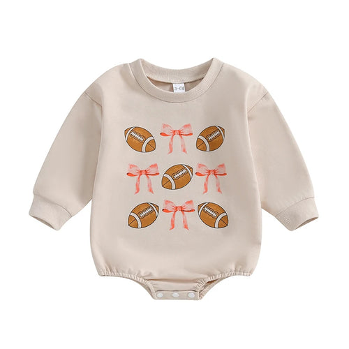 Infant Girl Football Print Long Sleeve Bubble Romper with Crew Neck and Bow Detail - Adorable Newborn Bodysuit for Game Day